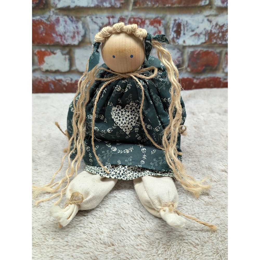 Handmade Primitive Bead Head Doll 80s Wood Block Body Shelf Sitter Green Dress - Picture 1 of 10